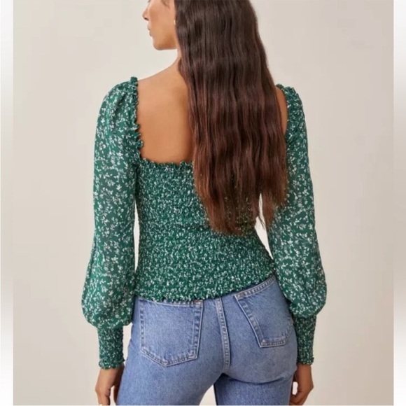 Reformation green floral pinto long sleeve smocked blouse top XS - Picture 5 of 14